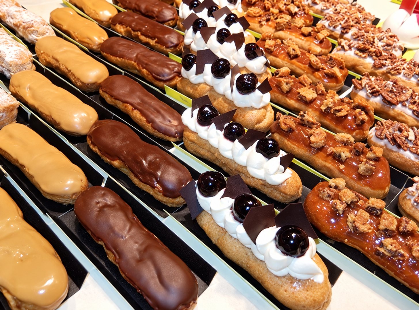 Des rangées d'éclairs au chocolat, au caramel, à la crème chantilly et aux noisettes sont alignées dans une vitrine de pâtisserie.