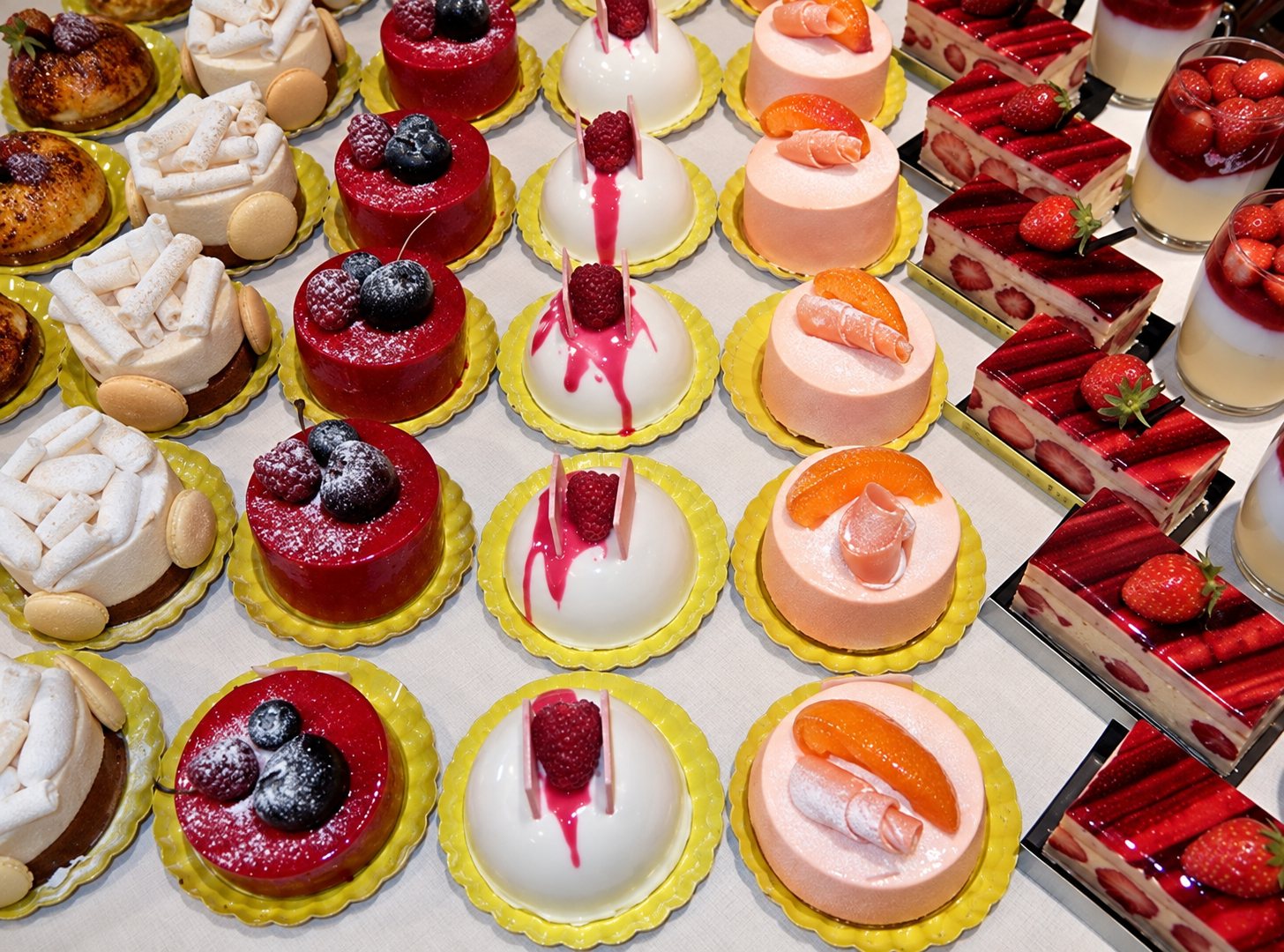 Vue de dessus de nombreuses pâtisseries individuelles aux fruits et aux glaçages rouges et blancs, posées sur des caissettes dorées.
