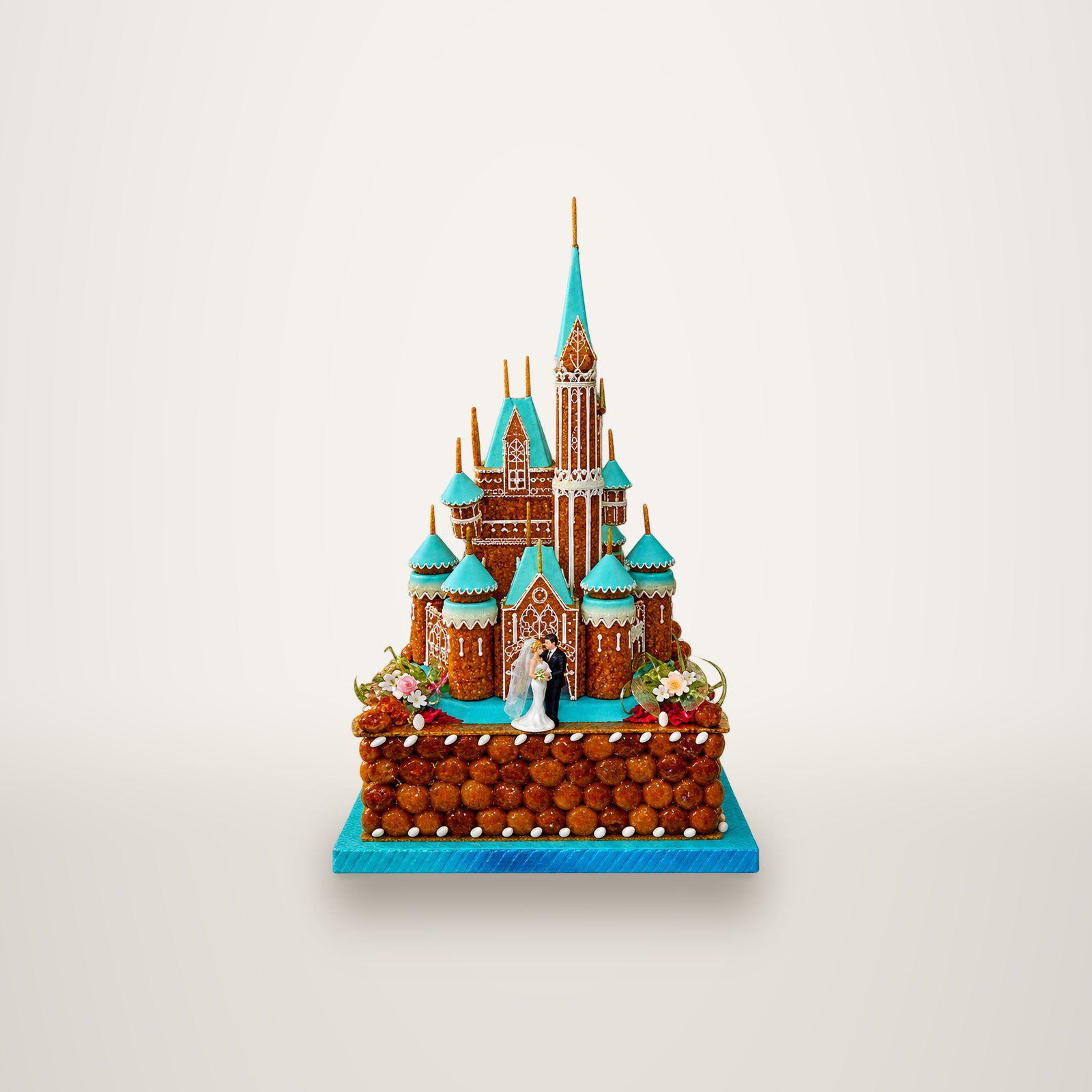 Une grande pièce montée en forme de château aux tourelles turquoise, posée sur une base de choux, avec des mariés en figurine devant l'entrée.