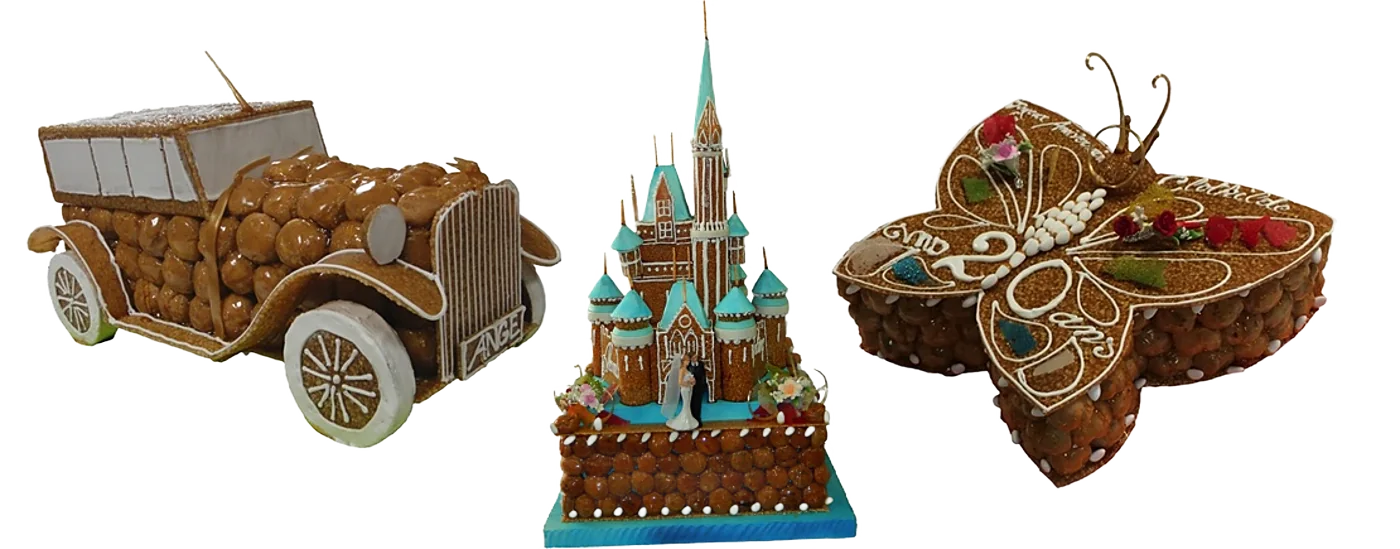Trois pièces montées en choux caramélisés sur fond blanc : une voiture ancienne, un château de conte de fées avec mariés et un papillon décoré pour un anniversaire de 20 ans.