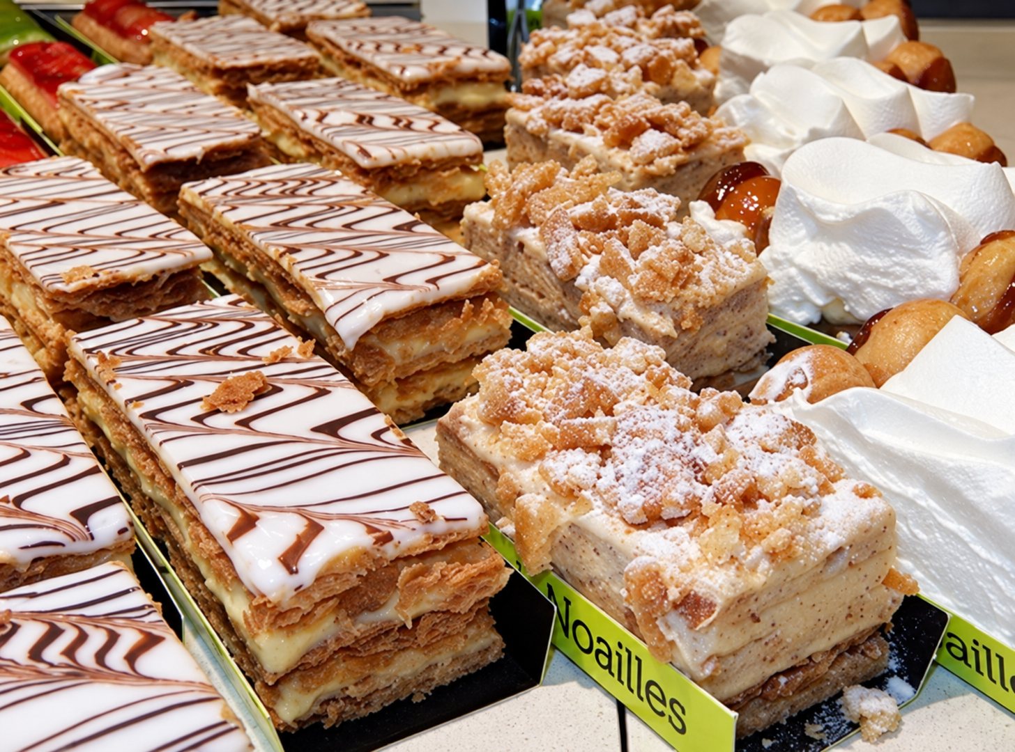 Une vitrine de pâtisserie présente des rangées de mille-feuilles au glaçage chocolat et blanc ainsi que des gâteaux garnis d'amandes concassées, avec des étiquettes vertes.