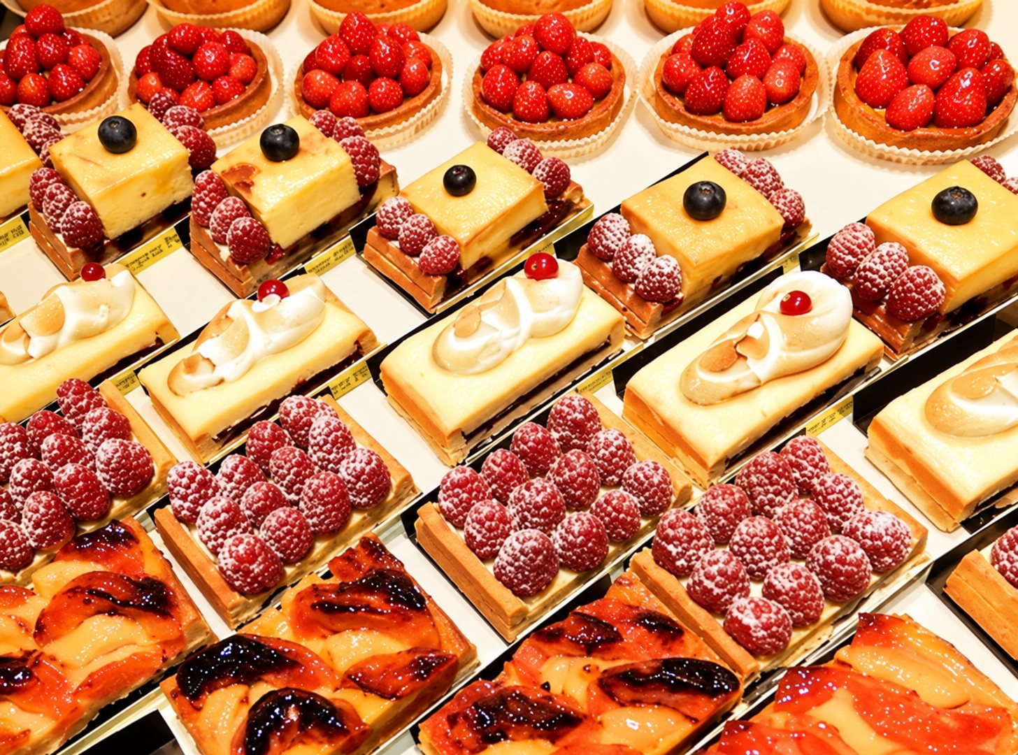 Vitrine de pâtisserie remplie de tartelettes aux fraises, de gâteaux aux framboises et d'entremets carrés alignés en rangées.
